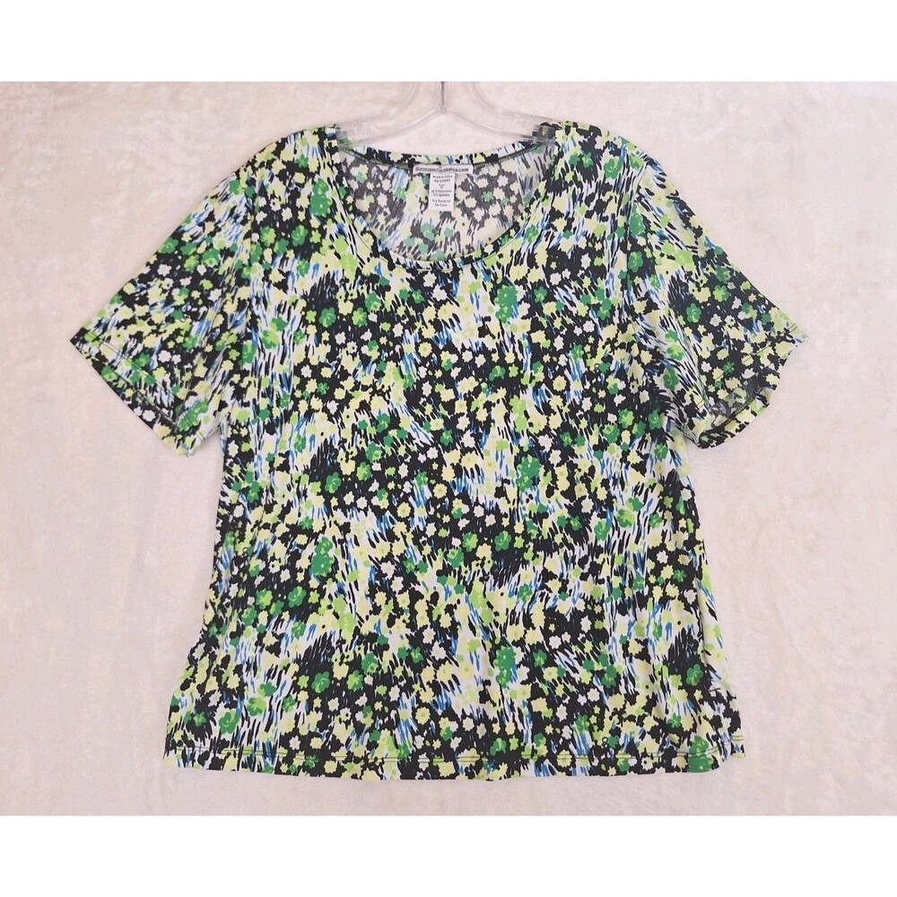 Serengeti Shirt Womens M Short Sleeve Floral Green Blue Knit Stretch Pull On